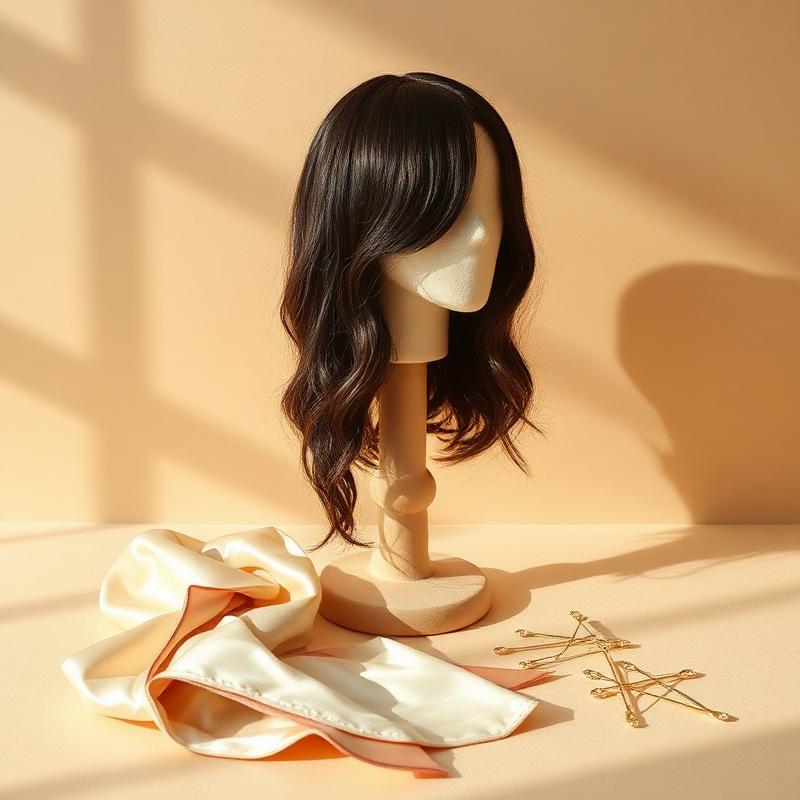 A Amy wig on a stand beside a silk wrap and gold pins